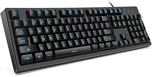 Basaltech Mechanical Feeling Keyboard with LED Backlit, 104-Key Quiet Membrane Keyboard for Gaming or Office, Ergonomic Silent Water-Resistant Light Up Wired USB for Computer,Mac,Laptop