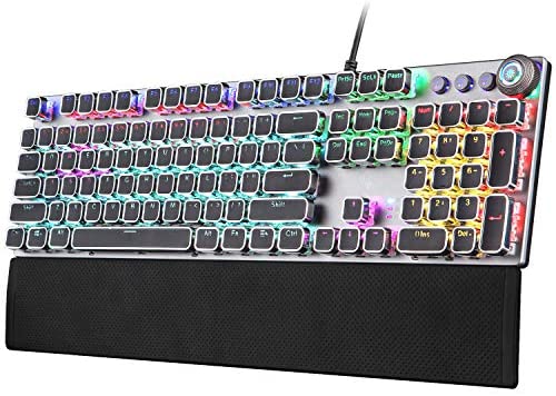 Basaltech Mechanical Gaming Keyboard with Removable Hand Rest, Quick-Response & Quiet Black Switches, Customizable RGB Backlit and 104 Anti-ghosting Keys for PC Gamers