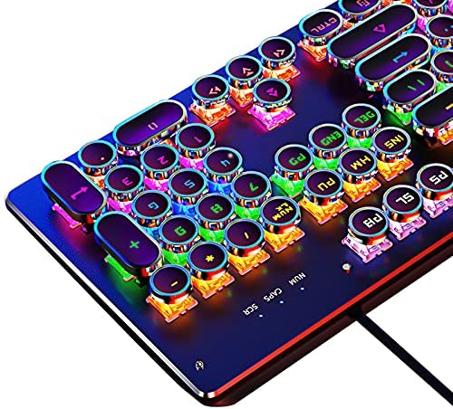 Basaltech Mechanical Light Up Keyboard With LED Backlit, Typewriter Style Gaming Keyboard With 104-Key Blue Switch Round Keycaps, Retro Steampunk Keyboard Metal Panel With Wired USB For PC/Mac/Laptop