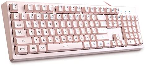 Basaltech Pink Keyboard with 7-Color LED Backlit, 104 Keys Quiet Silent Light Up Keyboard, 19-Key Anti-Ghosting Cheap Gaming Keyboard Mechanical Feeling Waterproof Wired USB for Computer, Mac, Laptop