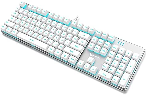 Basaltech White Mechanical Gaming Keyboard with Blue LED Backlit, 104-Key Anti-Ghosting Blue Switch Hot Swappable Metal Panel Light Up Keyboard Ergonomic Design Wired USB for PC, Laptop, Mac (N-J9Pro)