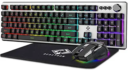 Beastron RGB Backlit Gaming Keyboard with Mouse Combo and Mouse pad, Multimedia Keyboard Knob,Mechanical Feel USB Wired Keyboard for Windows PC, Silvery White (10209)