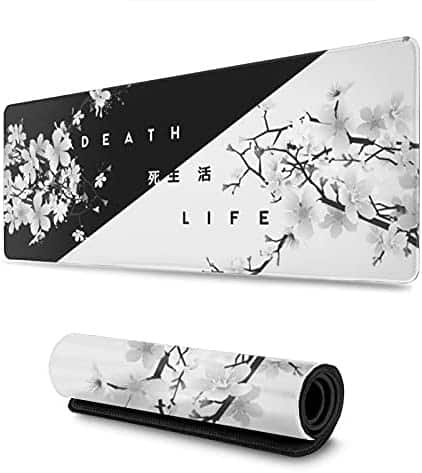 Black and White Japanese Cherry Tree Blosson Gaming Mouse Pad XL, Extended Large Mouse Mat Desk Pad, Stitched Edges Mousepad, Long Non-Slip Rubber Base Mouse Pad 31.5 X 11.8 Inch