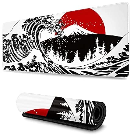 Black and White Japanese Kanagawa Wave Red Sun Gaming Mouse Pad XL Extended Large Mouse Mat Desk Pad Stitched Edges Mousepad Long Non-Slip Rubber Base Mice Pad 31.5 X 11.8 Inch