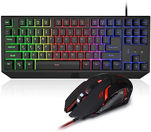 BlueFinger 87 Keys Gaming Keyboard and Mouse Combo, RGB Rainbow Backlit Keyboard with Lighted Gaming Mouse, USB Wired Compact Tenkeyless Keyboard Set for PC Laptop Computer Gamer Work