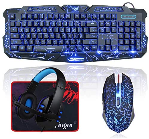 BlueFinger Backlit Gaming Keyboard and Mouse and LED Headset Combo,USB Wired 3 Color Crack Backlit Keyboard,Blue LED Light Gaming Headset,Gaming Keyboard Mouse Headphone Set for Work and Game