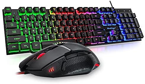 BlueFinger Gaming Keyboard and Mouse Combo, Rainbow LED Backlit 104 Keys Gaming Keyboard, USB Wired 4 Color Light Up Gaming Mouse Set for PC Computer Gaming and Work