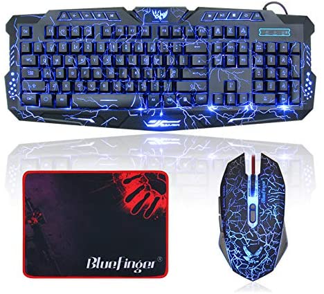 BlueFinger Gaming Keyboard and Mouse,USB Wired Backlit Gaming Mouse and Keyboard Combo,Letters Glow, 3 Color Crack Backlit,Illumination Keyboard and Mouse Set for Game and Work