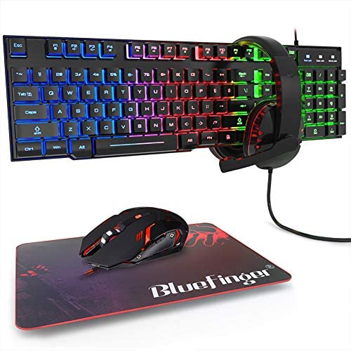 BlueFinger RGB Gaming Keyboard and Backlit Mouse and Headset Combo,USB Wired Backlit Keyboard,LED Gaming Keyboard Mouse Set,Headset with Microphone for Laptop PC Computer Game and Work