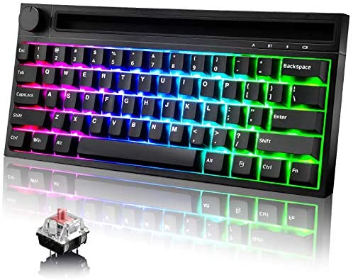 Bluetooth Mechanical Gaming Keyboard with 19 RGB Backlight Mini 61 Key Multimedia Knob Rechargeable 4400mAh Battery Type C Wired/Wireless for PC Mac Mobile Phone Gamer Typist (Black/Pink Switch)