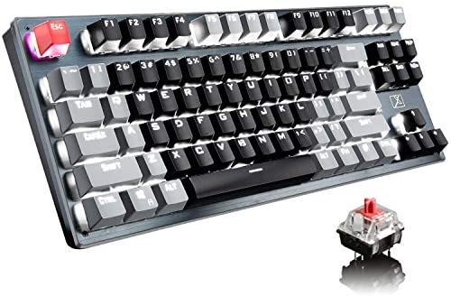 Bluetooth Mechanical Gaming Keyboard with LED Backlit 87 Anti-Ghost Key Ergonomic Metal Plate Wired/Wireless 2.4Ghz USB Receiver Rechargeable 3300mAh Battery for PC Mac Gamer (Black Gray/Red Switch)