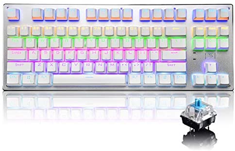 Bluetooth Mechanical Gaming Keyboard with Multi Backlit 87 Anti-Ghost Key Ergonomic Metal Plate Wired/Wireless USB Receiver Rechargeable 3300mAh Battery for PC Mac Gamer (White Rainbow/Blue Switch)