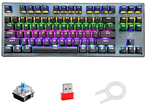 Bluetooth Mechanical Gaming Keyboard with Multi Backlit 87 Anti-Ghosting Key Ergonomic Metal Plate Wired/Wireless USB Receiver Rechargeable 3300mAh Battery for PC Mac Gamer (Black Rainbow/Blue Switch)