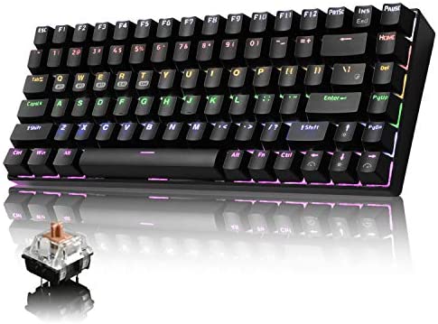 Bluetooth Mechanical Gaming Keyboard,Rainbow LED Backlit Bluetooth 5.0/Wireless 2.4G/Wired 84 Keys Mini Keyboard with Rechargeable 3000mAh Battery Brown Switches Type-C USB Receiver for PC Gamers