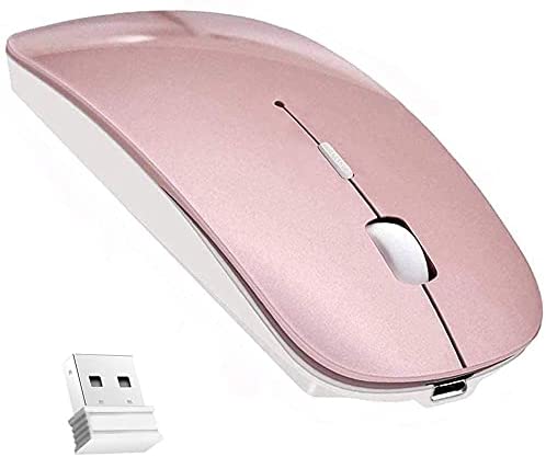Bluetooth Wireless Mouse, Dual Mode Slim Rechargeable Wireless Mouse Silent Cordless Mouse with Bluetooth 4.0 and 2.4G Wireless, Compatible with Laptop, PC, Windows Mac Android OS Tablet (Rose Gold)
