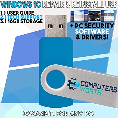 Bootable USB Compatible w/ Windows 10 Pro & Home Reinstall Recovery Repair Reboot Restore Clean Install Fix Reset w/ Antivirus Protection & Drivers Software | For ANY PC 32 or 64 Bit