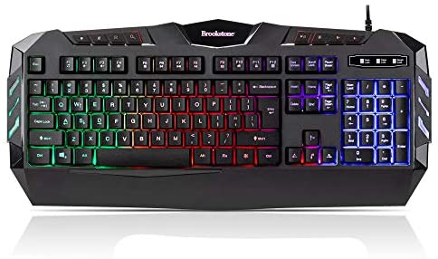 Brookstone USB Wired Gaming Keyboard with Multi-Color LED Backlit Keys and Numeric Keypad, Mac and PC Compatible (w/Palm Rest)