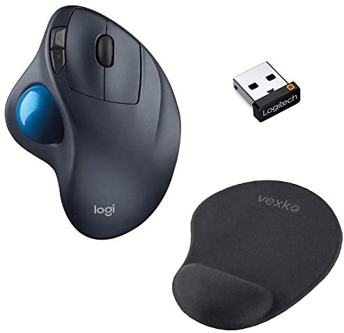 Bundle Logitech M570 Wireless Trackball Mouse – Ergonomic Design with Sculpted Right-Hand Shape (Dark Gray) with Logitech USB Unifying Receiver + Vexko Ergonomic Mouse Pad with Gel Wrist Rest (Black)