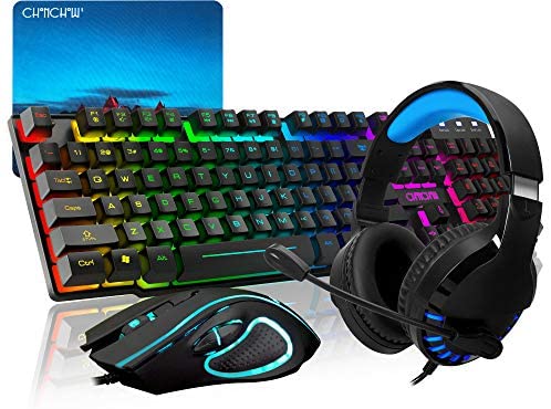 CHONCHOW Gaming Keyboard Mouse Mousepad Headset Combo,USB Wired RGB Rainbow Backlit Gaming Keyboard and Mice and Over Ear Headphone with Mic for Xbox PS4 PC Computer Tablet