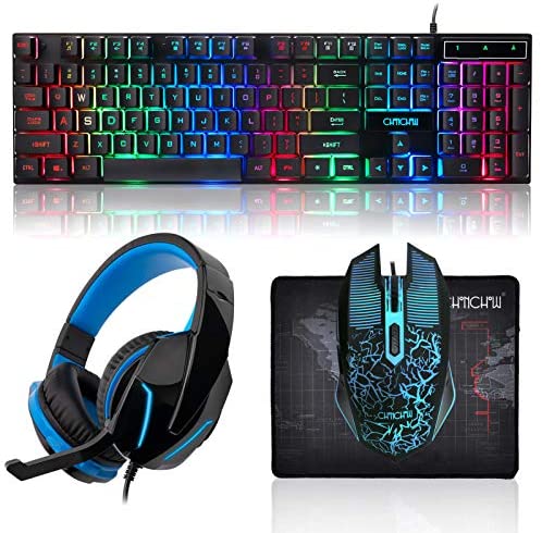 CHONCHOW Gaming Keyboard Mouse and Gaming Headset and Mouse Pad Combo, Rainbow LED Backlit USB Wired, All in 1 PC Gamer Bundle for PC, Tablet, Mobile Phones