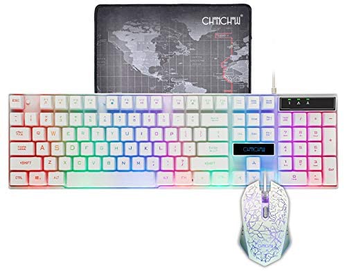 CHONCHOW LED Backlit Wired Gaming Keyboard and Mouse Combo Mechanical Feeling Rainbow Backlight Emitting Character 4800DPI Adjustable USB Mice Compatible with PC Resberry Pi iMac TDW910(White)