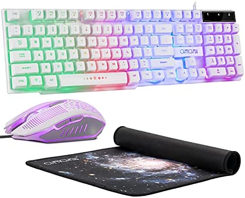 CHONCHOW Rainbow Gaming Keyboard and Mouse Combo LED Backlit USB Wired Mechanical Feeling 19 Anti-Ghost Keys 3200 DPI Optical Mice Compatible with PS4 Xbox one Laptop(White) 