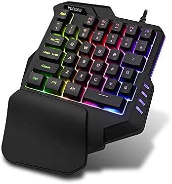 CHUYI One-Handed Ergonomic Gaming Keyboard RGB LED Backlit 35 Keys Portable Mini Professional Single Hand Wired Keypad for Game with Palm Rest (Black)