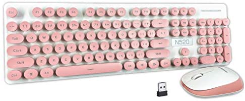 CORN Technology N520 Ergonomic Design, Retro Chiclet Round Keycaps, 2.4GHz Wireless Connectivity Silent Typing Keyboard and 1600DPI Mouse Combo for Office and Game (Pink)