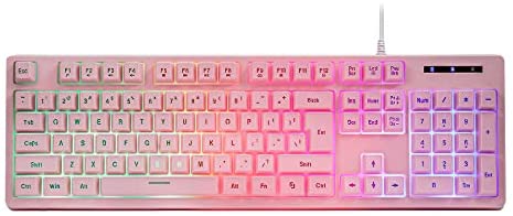 CQ104 Pink Gaming Keyboard USB Wired with Rainbow LED Backlit, Quiet Floating Keys, Mechanical Feeling, Spill Resistant, Ergonomic for Xbox, PS Series, Desktop, Computer, PC