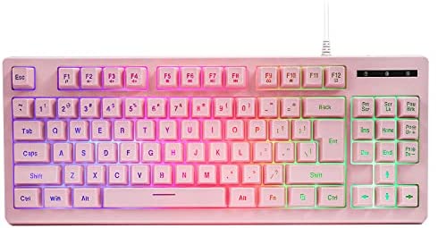 CQ87 Pink Gaming Keyboard USB Wired with Rainbow LED Backlit, Quiet Floating Keys, Mechanical Feeling, Spill Resistant, Ergonomic for Xbox, PS Series, Desktop, Computer, PC
