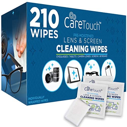 Care Touch Lens Cleaning Wipes – 210 Pre-Moistened and Individually Wrapped Lens Cleaning Wipes – Great for Eyeglasses, Tablets, Camera Lenses, Screens, Keyboards and Delicate Surfaces