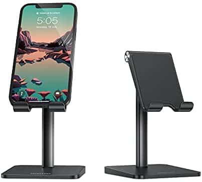 Cell Phone Holder for Desk, OMOTON Cell Phone Stand Dock Adjustable Angle (5-45°) for Office, Kitchen, Movies, Compatible with iPhone 11/11 Pro/Xs Max/Se2 and All Smartphones (3.5-7.0 Inch), Black