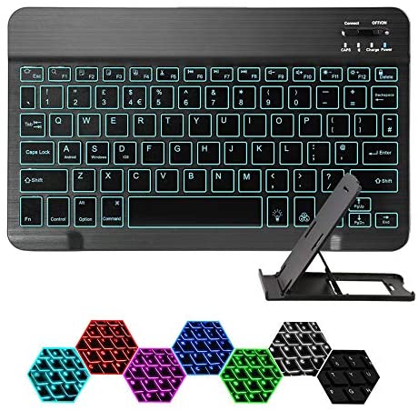 Coastacloud Ultra Slim Backlit Wireless Bluetooth Keyboard, Universal Portable 7-Colors Backlit Rechargeable Keyboard with Stand for iPad iPhone Samsung iOS Android Windows Tablets Phones