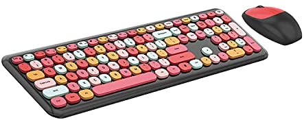 Colorful Computer Wireless Keyboard and Mouse Combo, 2.4GHz Keyboard with Multi Color Retro Typewriter Round Keys Design for Laptop Tablet
