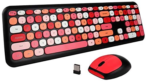 Colorful Wireless Keyboard and Mouse Combo, Cute 110 Keys Wireless Keyboard, 2.4GHz Retro Full Size with Number Pad & Slim Wireless Mouse for Computer PC Laptop Notebook, Black Colorful