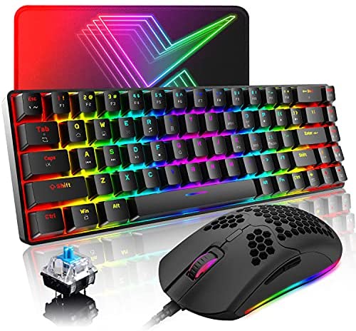 Compact 60% Mechanical Gaming Keyboard and Mouse Combo with Ergonomic Anti-ghosting 68 Key Rainbow RGB Backlight 6400DPI Honeycomb Mice Type-C Wired for PC Mac Gamer Office Typist(Black/Blue Switch)