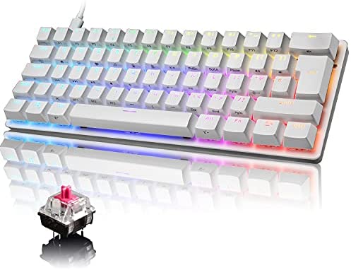 Compact 60% Mechanical Gaming Keyboard with Ergonomic Anti-ghosting Mini 61 Key Layout Rainbow RGB Backlight Waterproof Metal Plate Type-C USB Wired for PC Mac Gamer Office Typist (White/Red Switch)