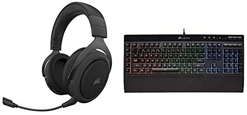 Corsair HS70 Pro Wireless Gaming Headset – 7.1 Surround Sound Headphones – 50mm Drivers – Carbon & K55 RGB Gaming Keyboard – IP42 Dust and Water Resistance – 6 Programmable Macro Keys