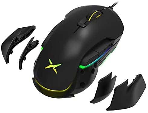 DELUX Ambidextrous Gaming Mouse with 16000DPI, RGB Backlit and Personalized Side Wing and Weights Design, 8 Programmable Buttons, Wired Gaming Mouse for Right and Left Handed (M627S(3389)-Black)