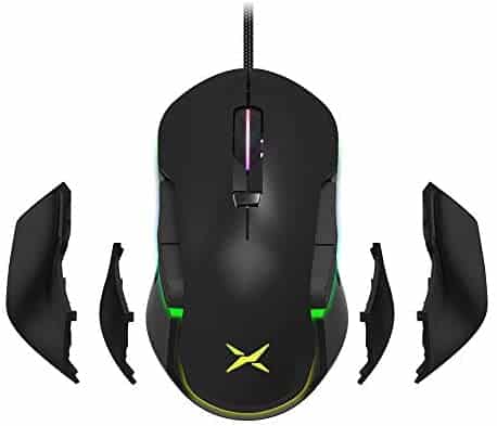 DELUX Ambidextrous Wired Gaming Mouse with 10000DPI, RGB Backlit, 8 Programmable Buttons and Personalized Side Wing and Weights Design, Left and Right Handed Gaming Mouse (M627S(3325)-Black)
