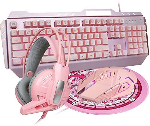 DGG Pink 4-in-1 Gaming Keyboard Mouse Headset Combo, White Led Backlit 104 Keys Ergonomic Gamer Keyboard+4800DPI Adjust Optical Game Mouse+3.5mm Gaming Stereo Headset