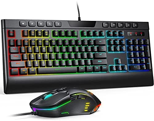 DIOWING Gaming Keyboard and Mouse Combo, Wired Gaming Keyboard with Wrist Rest | Customizable RGB Rainbow Backlit, 6400DPI Gaming Mouse with Programmable Macro for Windows/Mac PC Gamer, Xbox One/ PS4