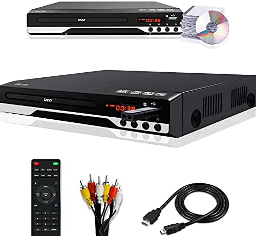 DVD Player for TV – Compact AV Connection DVD Players, Read All Region DVDs, USB Input Feature, PAL/NTSC Auto-Switch, Small CD/DVD Player for Home – 1080p HD Player with HDMI AV Cables, Home Theater