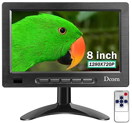 Dcorn 8 Inch Small Monitor 1280×720 16:9 Portable Mini IPS LCD Screen Built in Speakers Support HDMI VGA AV BNC Input for Raspberry Pi CCTV Security with Remote Control