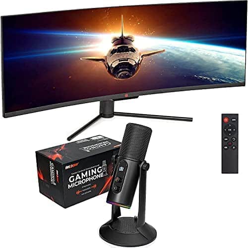 Deco Gear 49″ Curved Ultrawide E-LED Gaming Monitor, 32:9, Immersive 3840×1080, 144Hz, 3000:1, with PC Microphone for Gaming, Streaming, Singing, Recording, and Meetings, Features RGB Lighting