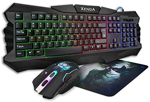 Defender Rainbow Gaming Backlit Keyboard & Mouse Combo with Smooth Mousepad – 5 Customizable Mouse Buttons, 19 Anti-Ghost Keys – DPI& Backlight Brightness Adjustment – Ergonomic & Durable