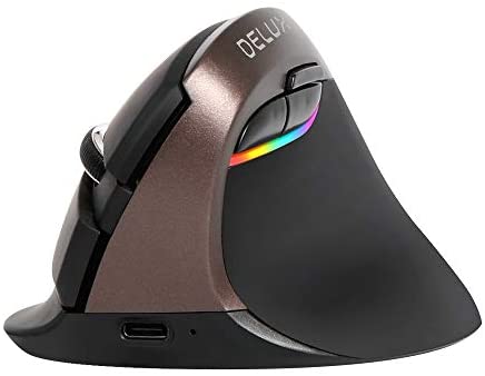 Delux Rechargeable Bluetooth Ergonomic Mouse Wireless, Dual Mode Silent Vertical Mouse with BT 4.0 and USB Receiver, 6 Buttons and 4 Gear DPI RGB Small Mice for Laptop PC Computer (M618mini-Jet)