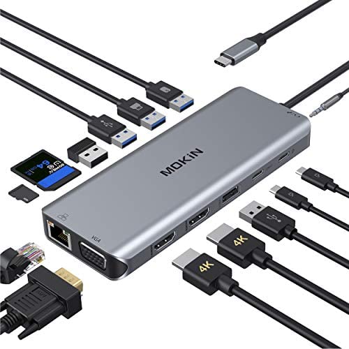 Docking Station Dual Monitor, 14 in 1 USB-C Laptop Docking Station USB Type C Hub Multiport Adapter Dongle with 2 HDMI VGA 5 USB SD/TF Audio for Dell/Surface/HP/Lenovo Laptops