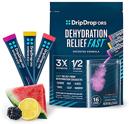 DripDrop ORS – Electrolyte Powder For Dehydration Relief Fast – For Workout, Sweating, Illness, & Travel Recovery – Watermelon, Berry, Lemon Variety Pack – 16 x 8 Oz Servings