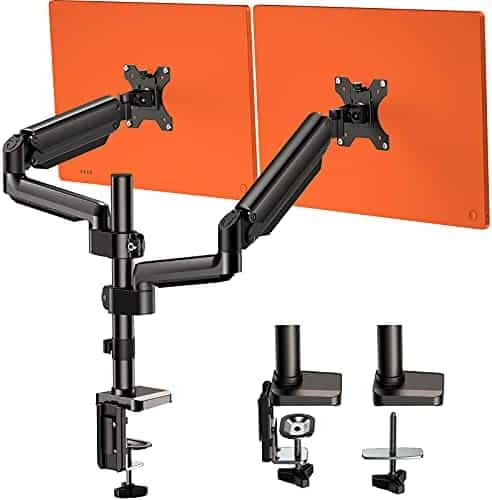 Dual Arm Monitor Stand, Full Motion Adjustable Gas Spring Monitor Mount Riser with C Clamp/Grommet Base for Two 17 to 32 inch LCD Computer Screens, Each Arm Holds up to 17.6lbs